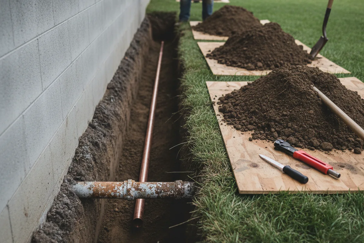 Excavated water line trench during Water Softener Installation in Eureka